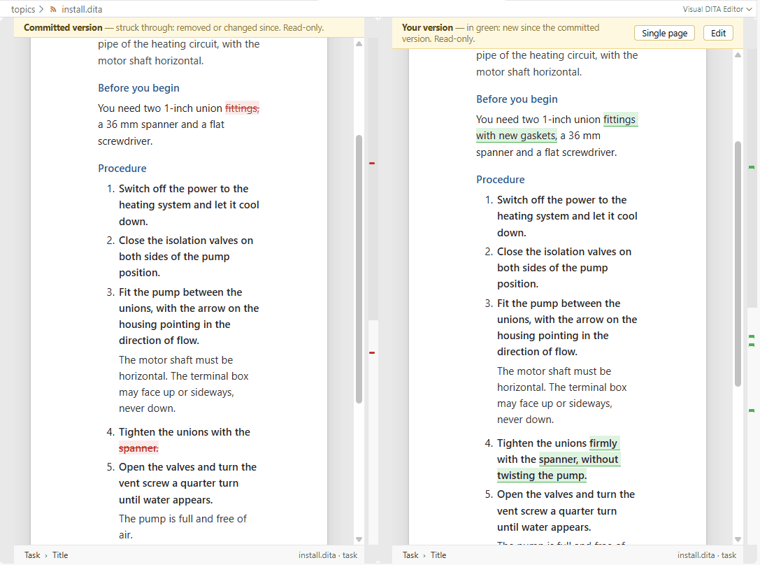 Side by side: the committed version with removed words struck through in red, your version with new words in green