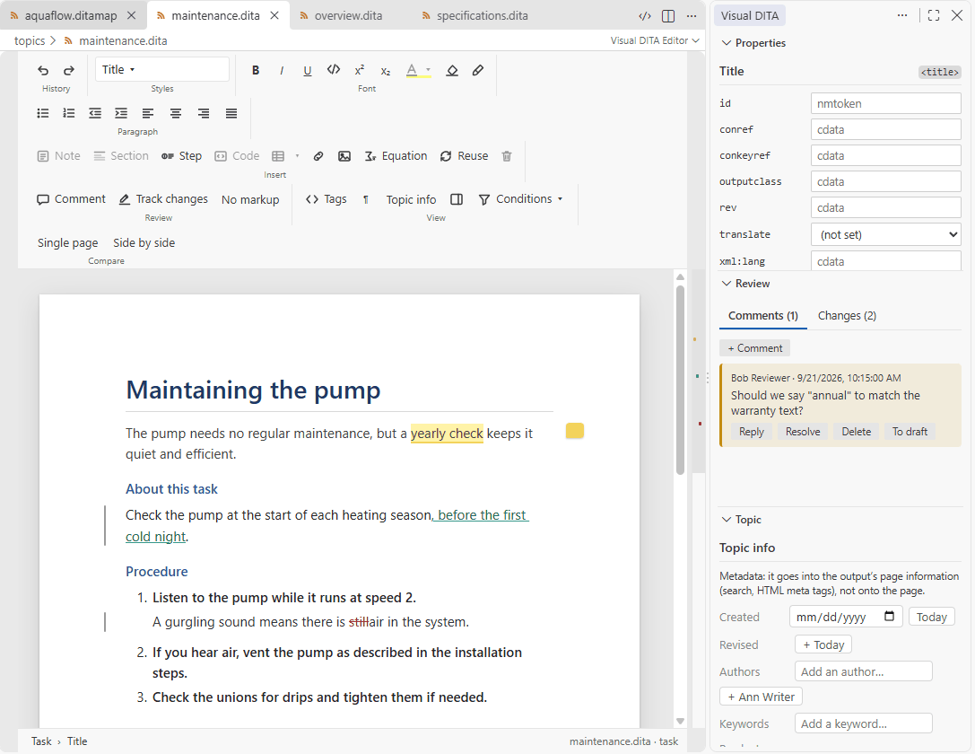 A task with a highlighted phrase and a comment from a reviewer, and tracked changes marked in the text