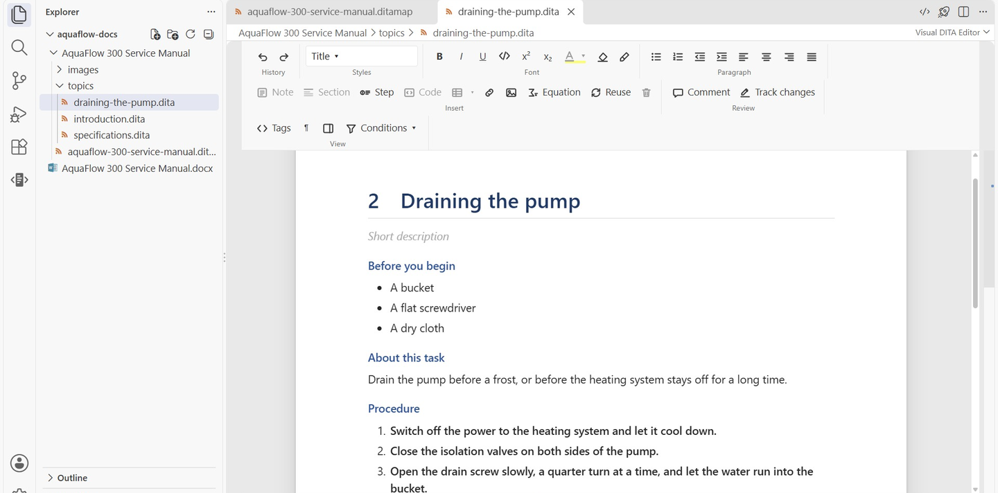 A Word manual converted: its map, topics and images beside the .docx in the Explorer, and its second chapter, Draining the pump, open on the page as a task